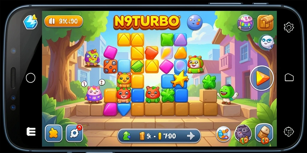 Tangkapan layar gameplay N9TURBO yang menunjukkan berbagai teka-teki menarik.