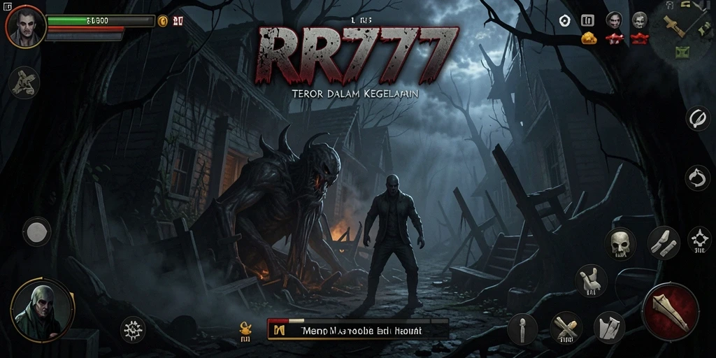 Screenshot gameplay <strong>RR777</strong> menampilkan suasana mencekam dengan elemen horor yang kuat.